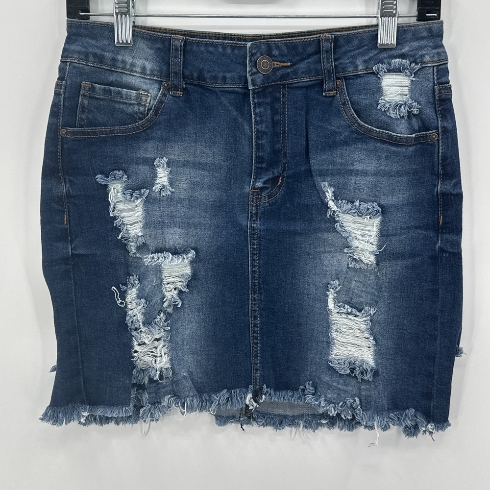 Wax Jean‎ Miniskirt Women M 28x14 Raw Hem Distressed Dark Wash Denim Skirt Fade